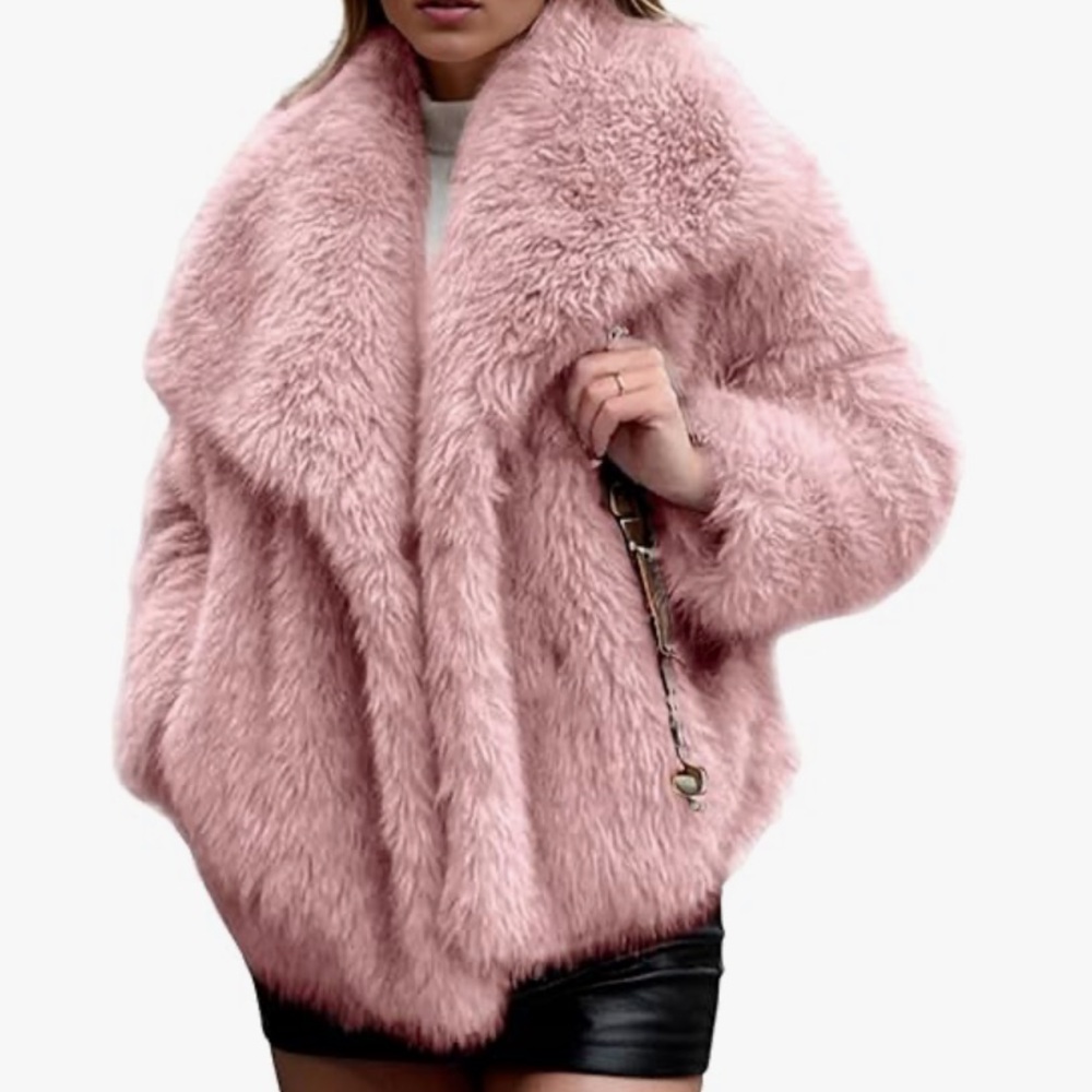 Pink faux fur barbie dollbaby hooded jacket coat vegan collar sexy boss babe new